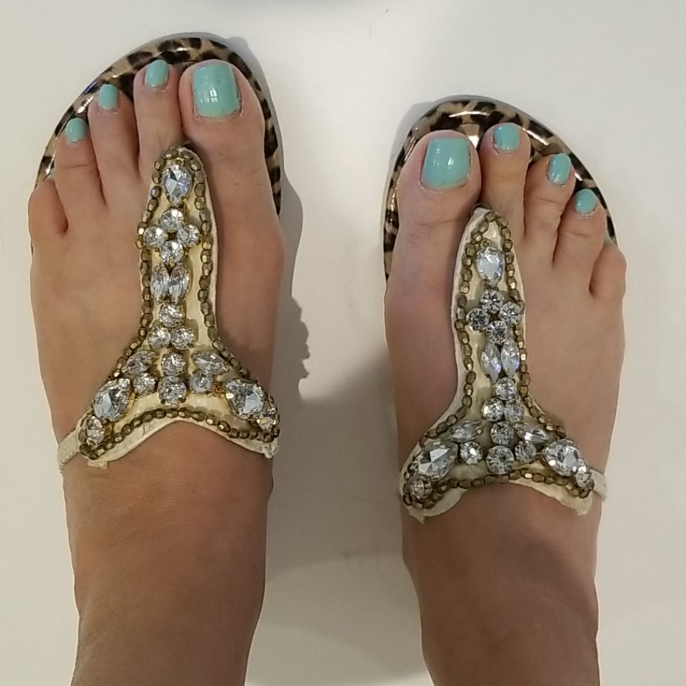 White Leather Like Jeweled Slide Size 8